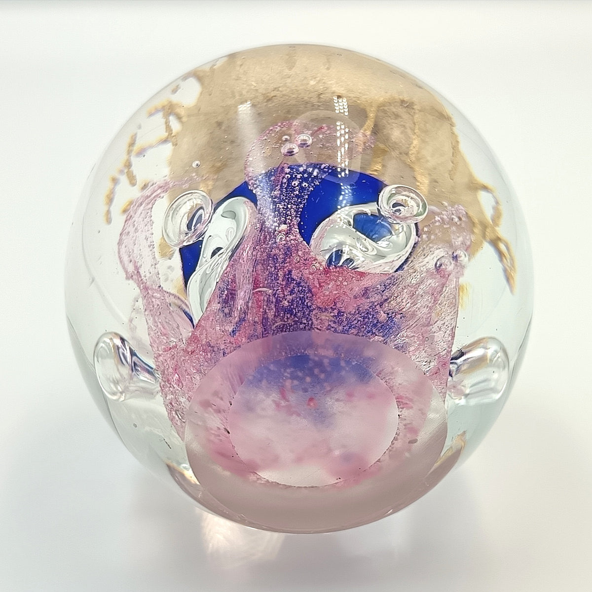 Hand-Blown Studio Glass Paperweight | Pink, Cobalt Blue & Gold Aventurine | Internal Bubble & Scroll Decoration | Unattributed | 20th Century