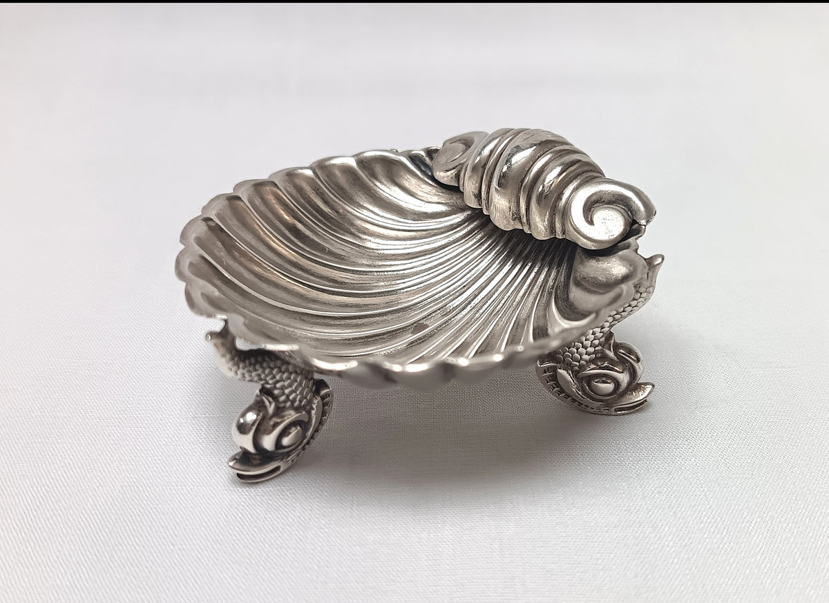 Antique Sterling Silver | Shell-Form Salt Cellar on Dolphin Supports | Regency–Early Victorian Style | 19th Century
