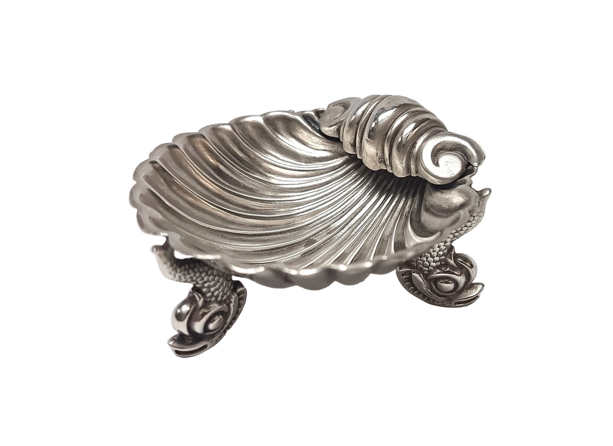 Antique Sterling Silver | Shell-Form Salt Cellar on Dolphin Supports | Regency–Early Victorian Style | 19th Century