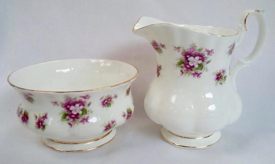 Royal Albert 'Sweet Violets' Bone China Milk Jug & Open Sugar Bowl — Purple Violets on White, England, c.1950s–1970s