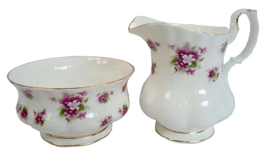 Royal Albert 'Sweet Violets' Bone China Milk Jug & Open Sugar Bowl — Purple Violets on White, England, c.1950s–1970s