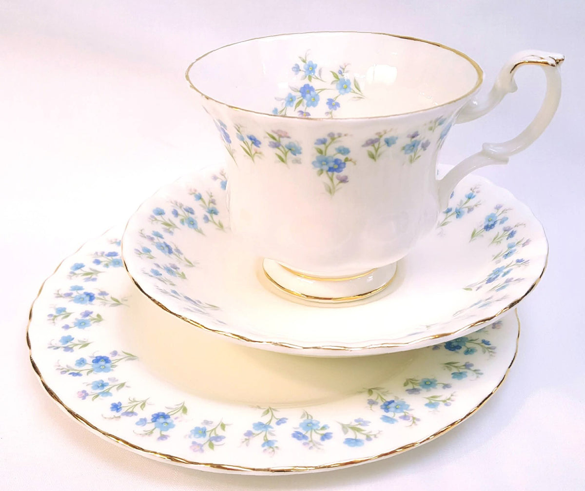 Royal Albert | 'Memory Lane' | Trio (Teacup, Saucer & Side Plate) | Forget-Me-Not Floral Spray Border | Gold Line Detail | Made in England | Good Used Condition