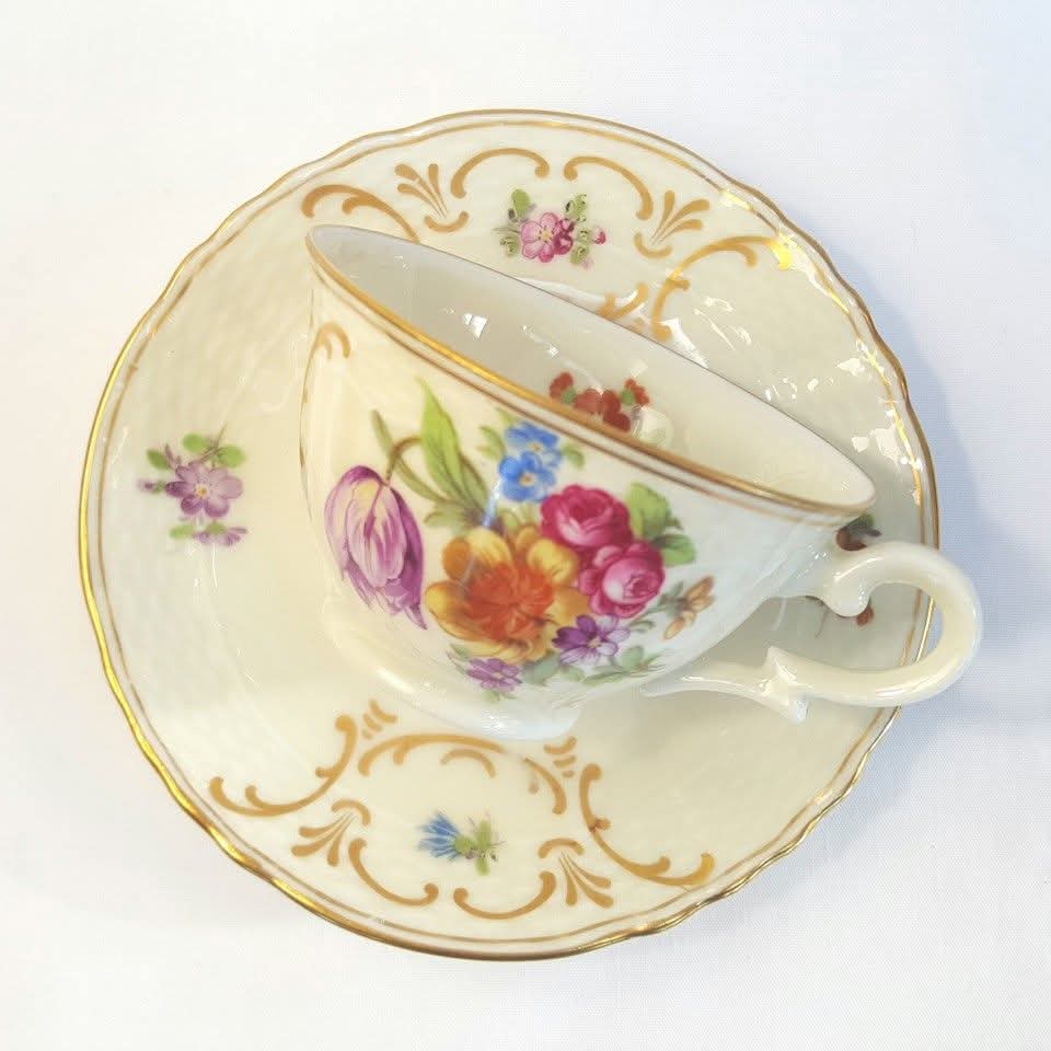 EPIAG | Scattered Flowers with Gilt Rococo Scrollwork | Demitasse Trio | Porcelain | Czechoslovakia | c.1920s–1930s