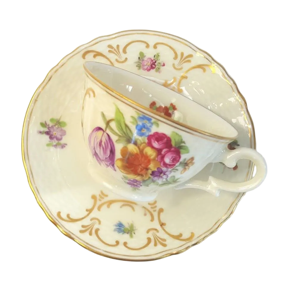 EPIAG | Scattered Flowers with Gilt Rococo Scrollwork | Demitasse Trio | Porcelain | Czechoslovakia | c.1920s–1930s