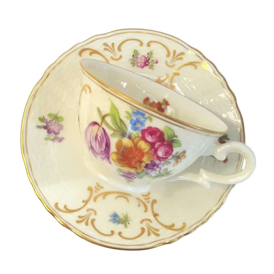 EPIAG | Scattered Flowers with Gilt Rococo Scrollwork | Demitasse Trio | Porcelain | Czechoslovakia | c.1920s–1930s