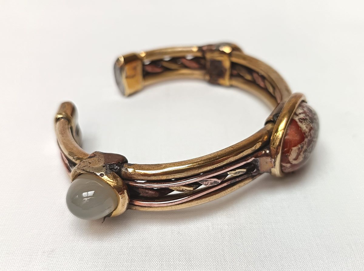 Handcrafted Artisan Solid Copper & Brass Cuff Bangle | Natural Moonstone & Brecciated Jasper Cabochons | One-of-a-Kind | Unisex