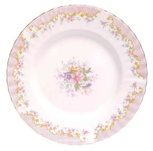 Royal Albert 'Serenity' | Set of Four Bone China Side Plates | 21cm | Pink Dot & Gold Scrollwork Border | Central Pastel Floral Spray | Made in England | Near Mint Condition