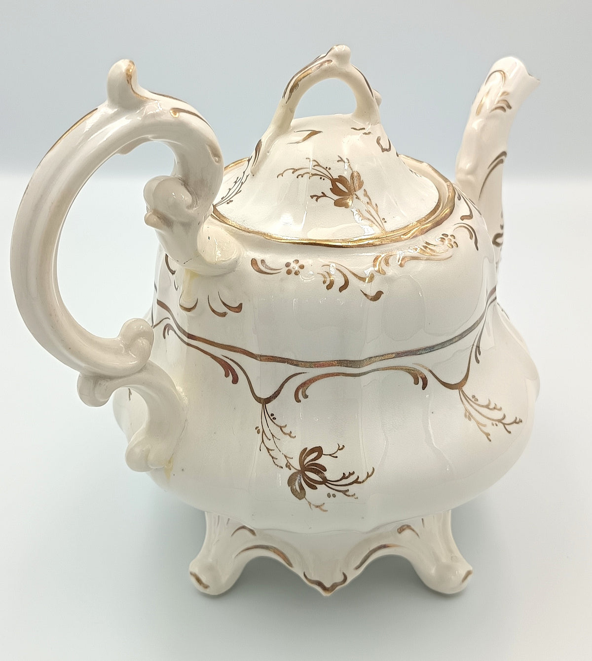Victorian | White Earthenware | Footed Teapot | Hand-Painted Gilt Rococo Revival Decoration | c.1840–1870 | Pattern No. 1398