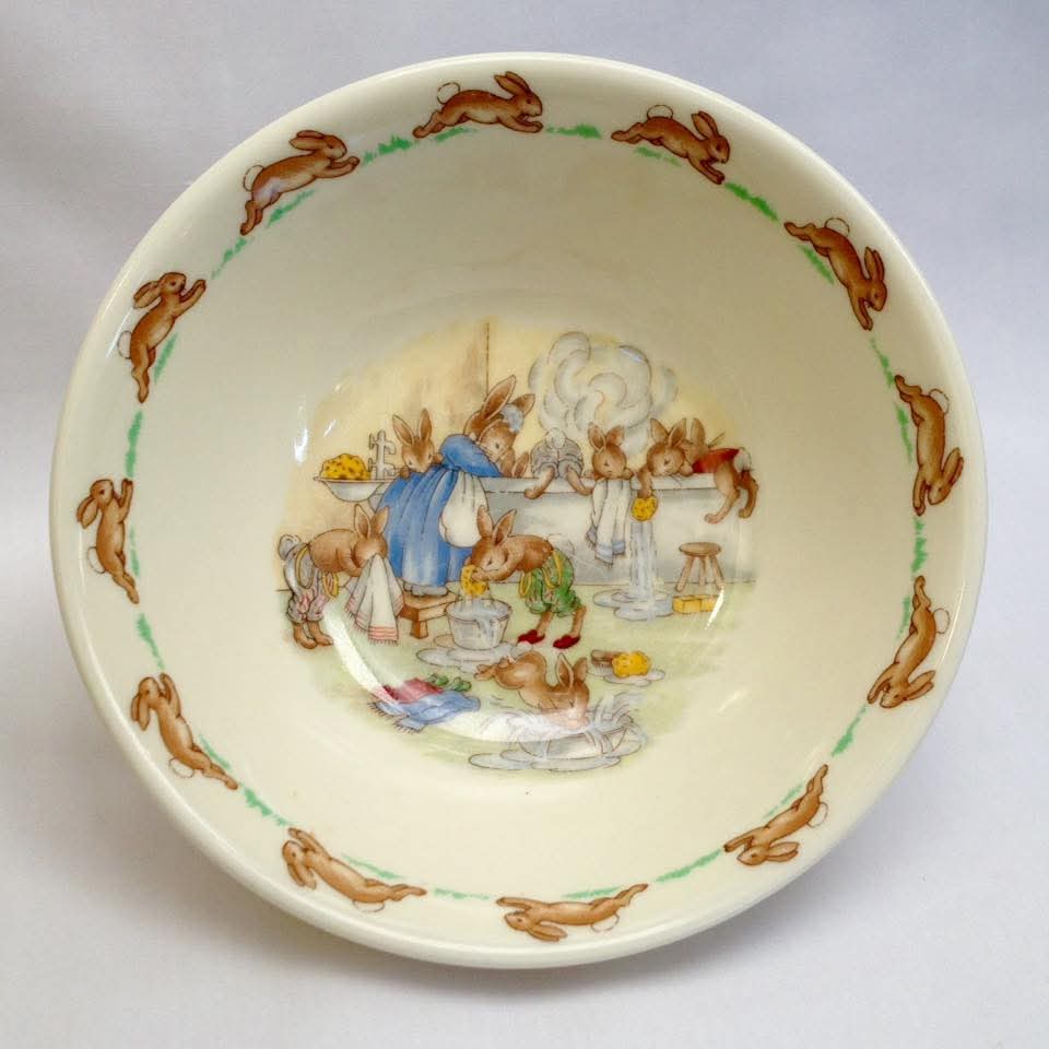 Royal Doulton 'Bunnykins' Bone China Baby Plate & Porridge Bowl — Outdoor Party & Bathtime Scenes, England — Duo
