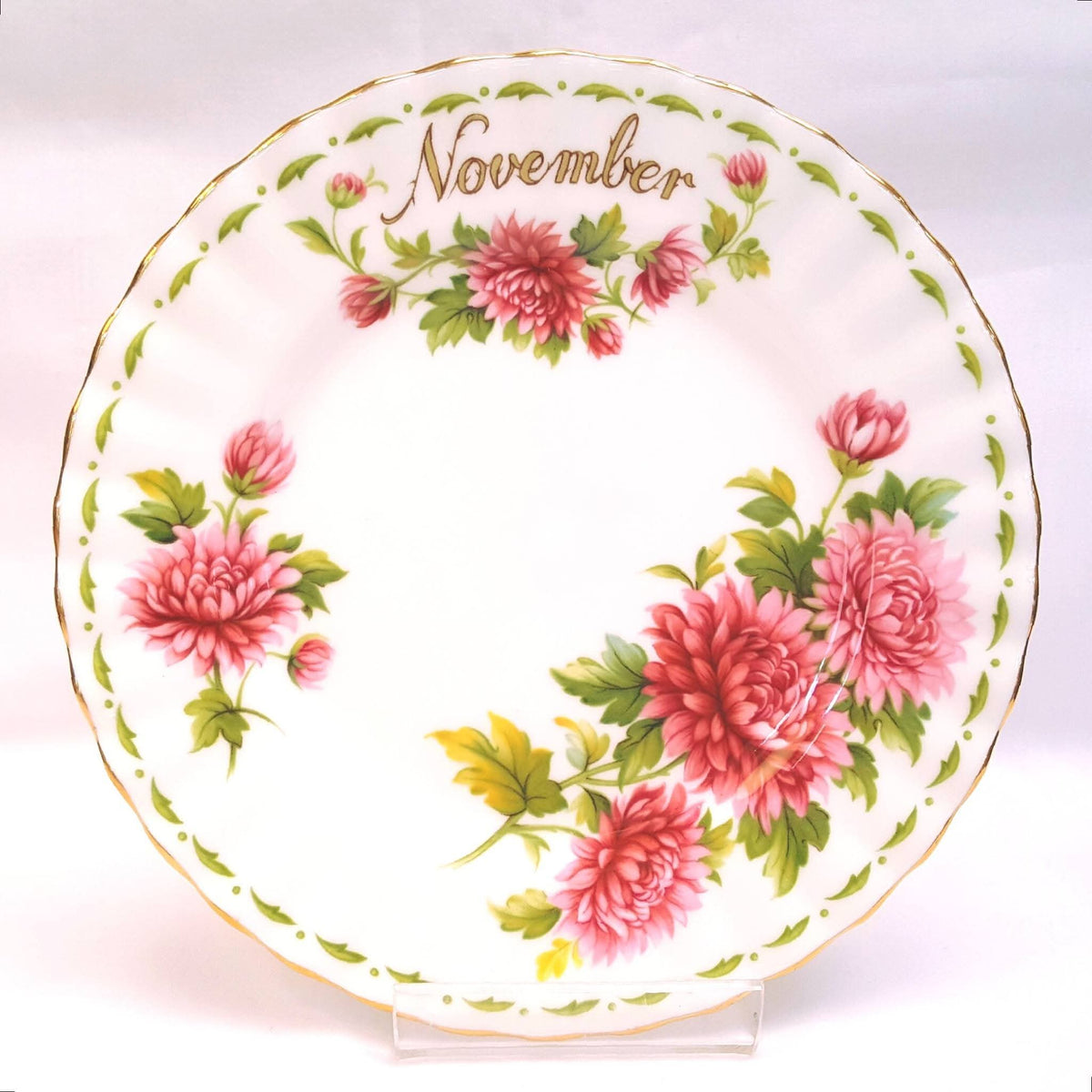 Royal Albert | Flower of the Month Series | November — Chrysanthemum | Full Trio & Miniature Duo | Bone China | England | Mint Unused Condition