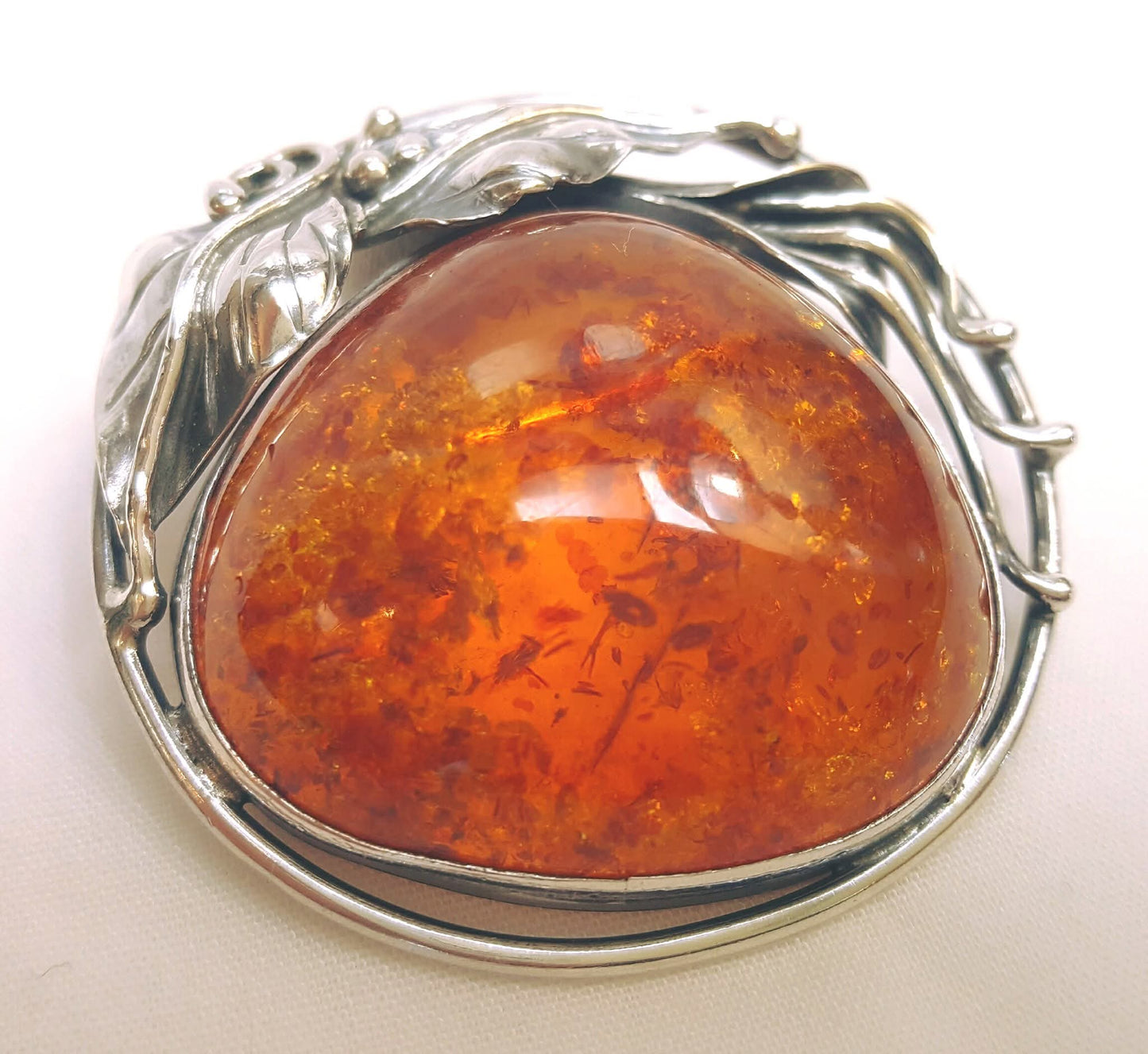 Antique Art Nouveau Sterling Silver Brooch | Large Natural Baltic Amber Cabochon | 45mm | 15g | Excellent Condition
