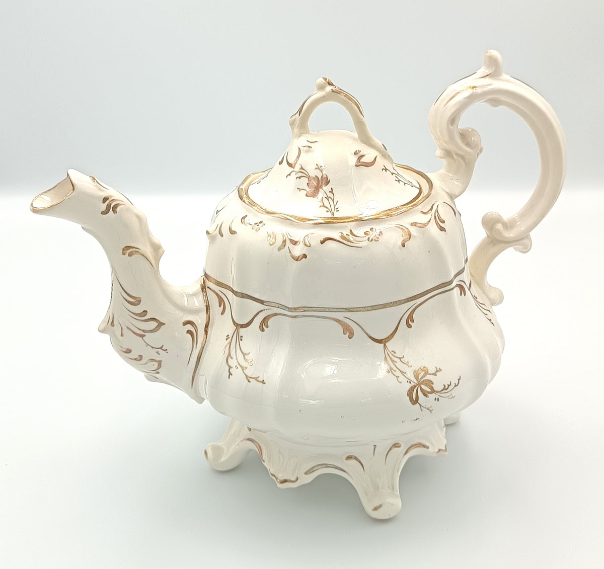 Victorian | White Earthenware | Footed Teapot | Hand-Painted Gilt Rococo Revival Decoration | c.1840–1870 | Pattern No. 1398