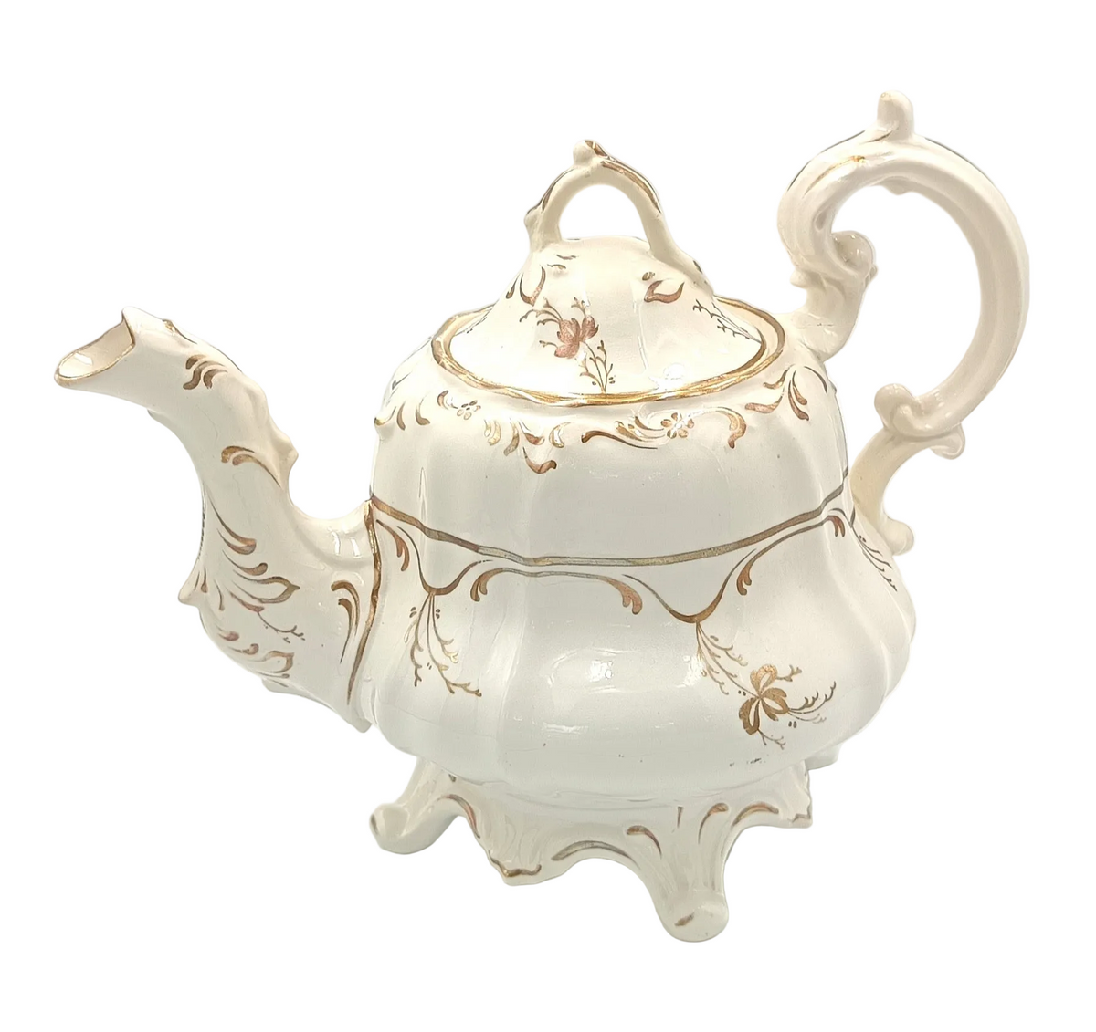 Victorian | White Earthenware | Footed Teapot | Hand-Painted Gilt Rococo Revival Decoration | c.1840–1870 | Pattern No. 1398