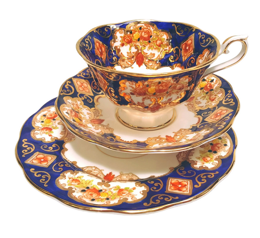 Royal Albert | 'Heirloom' Pattern No. 4534 | Bone China Trio (Teacup, Saucer & Side Plate) | Cobalt Blue, Burnt Orange & 22ct Gold | Made in England | Mint Unused Condition
