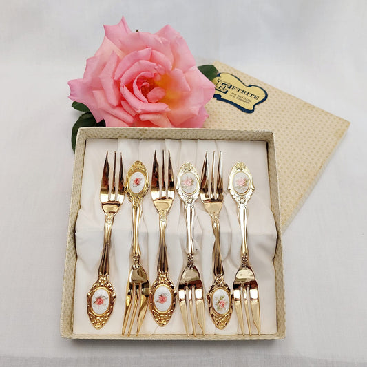 Vintage Eetrite 24-Carat Gold Plated Cake Fork Set — Set of 6, Pink Rose Porcelain Inlay, Original Box