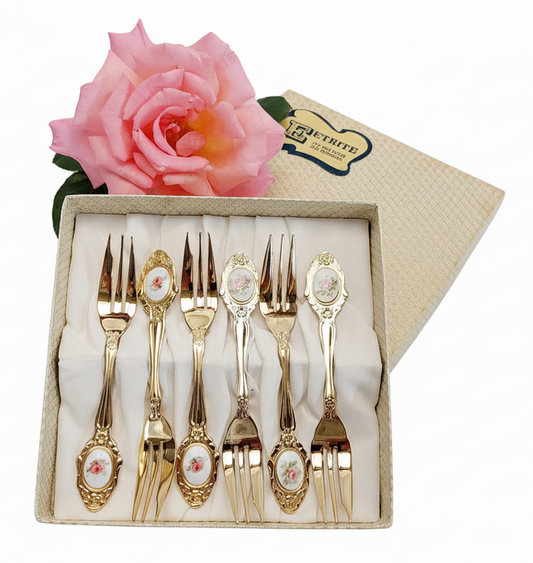 Vintage Eetrite 24-Carat Gold Plated Cake Fork Set — Set of 6, Pink Rose Porcelain Inlay, Original Box