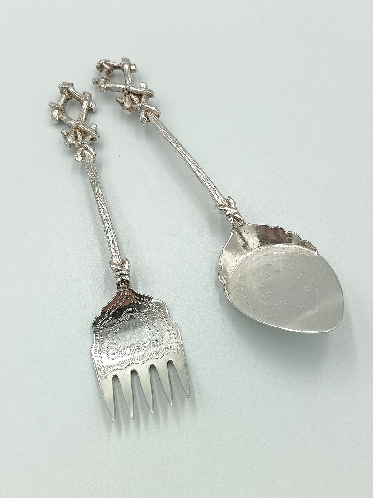 Antique Silver Plate Serving Set | Rustic Twig & Knotwork Handles | Pastry/Cake Server & Fork | Victorian Aesthetic Style | Good Antique Condition