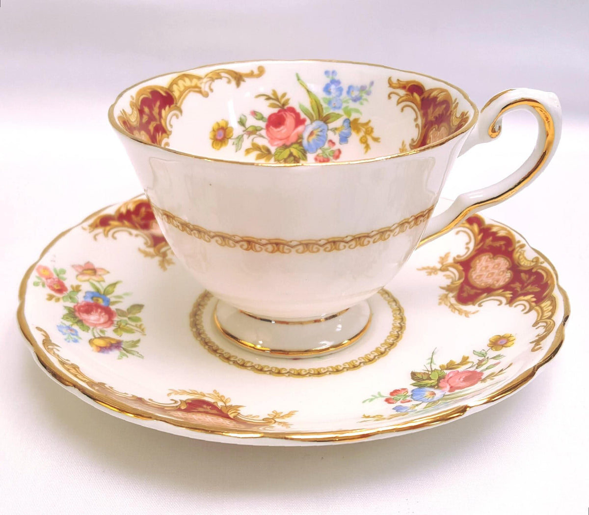Tuscan Fine Bone China | Windsor | Coffee Set | Crimson & Gold Rococo | Circa late 1940s–1950s