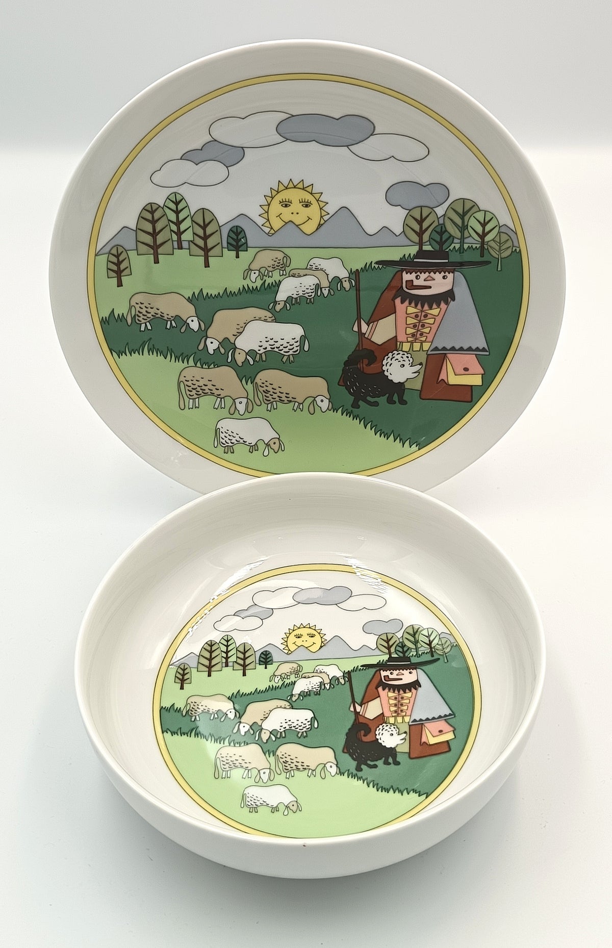 Arzberg Porcelain | Children's Feeding Set | Shepherd & Flock Pattern | Plate and Bowl | West Germany, c.1960s