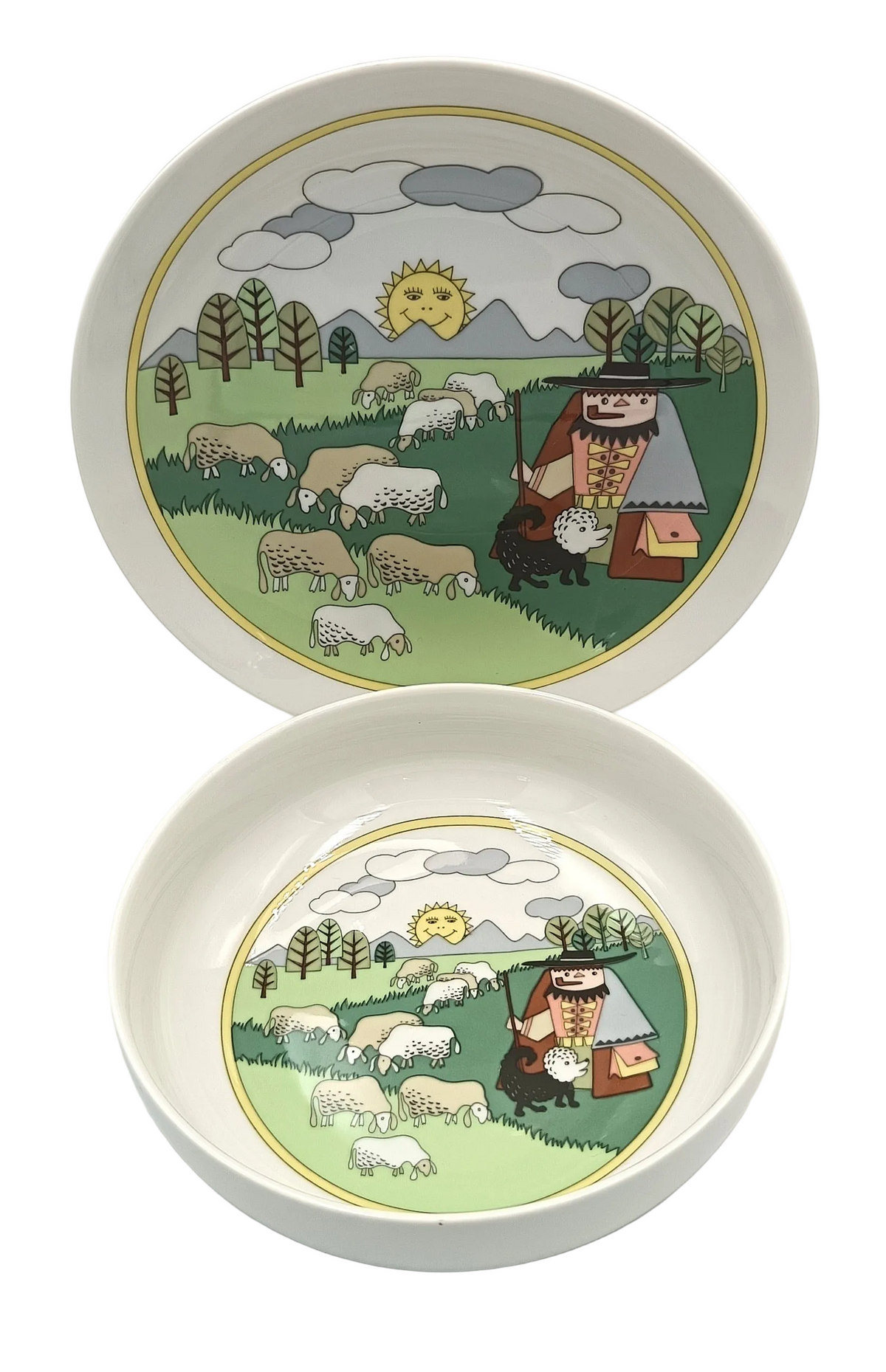 Arzberg Porcelain | Children's Feeding Set | Shepherd & Flock Pattern | Plate and Bowl | West Germany, c.1960s