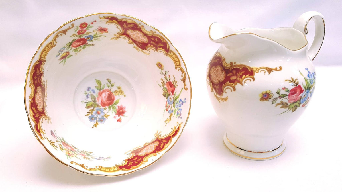 Tuscan Fine Bone China | Windsor | Cake Plate, Sugar Bowl & Milk Jug | Crimson & Gold Rococo | Circa late 1940s–1950s