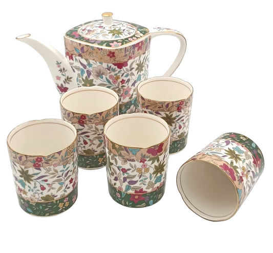 Mariko London | Yūzen | Teapot & Five-Beaker Tea Service | Porcelain | Produced by Aito, Japan | c.1980s–1990s