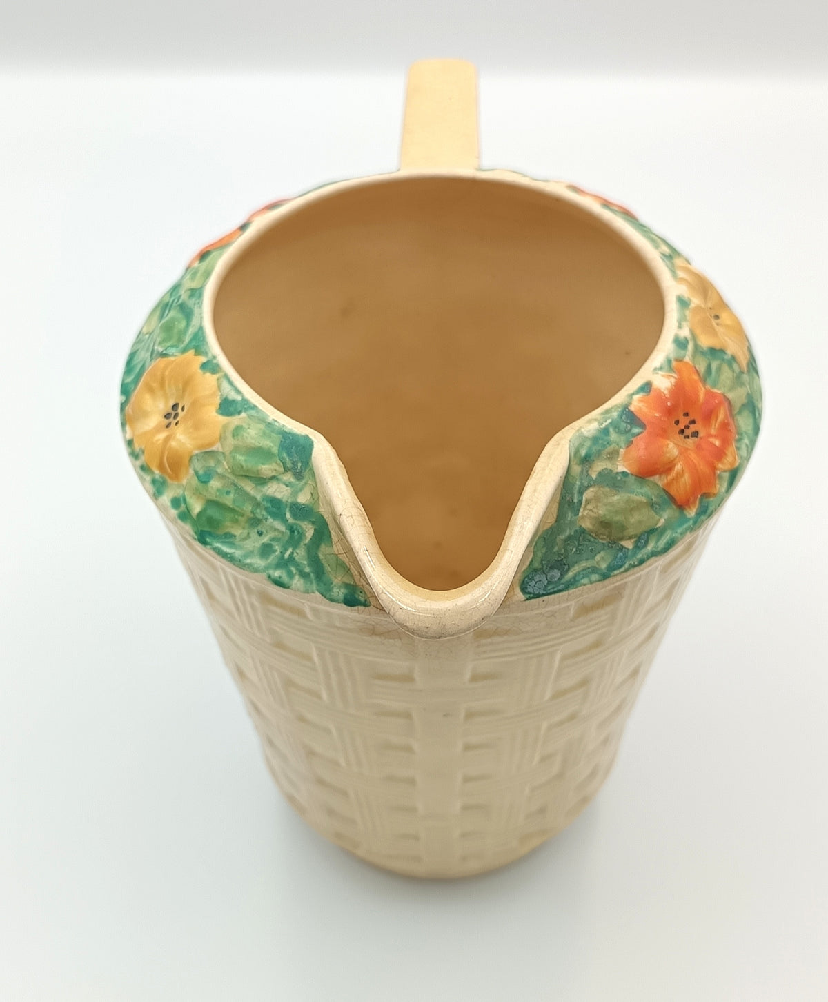 Arthur Wood | Earthenware | Basketweave Jug | Moulded Floral Collar | c.1934–1940s