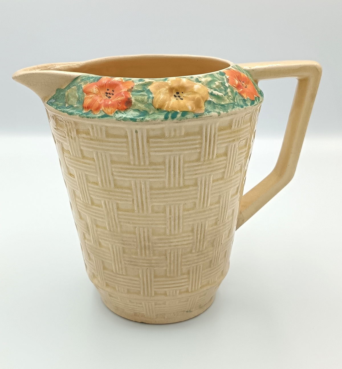 Arthur Wood | Earthenware | Basketweave Jug | Moulded Floral Collar | c.1934–1940s