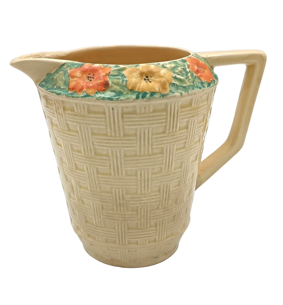 Arthur Wood | Earthenware | Basketweave Jug | Moulded Floral Collar | c.1934–1940s