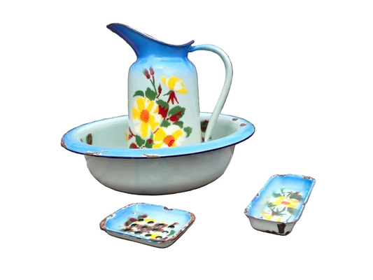 Enamelware Washbowl, Jug and Accessories | Four-Piece Set | Stencilled Floral Decoration | Enamelled Steel | Mid-Twentieth Century