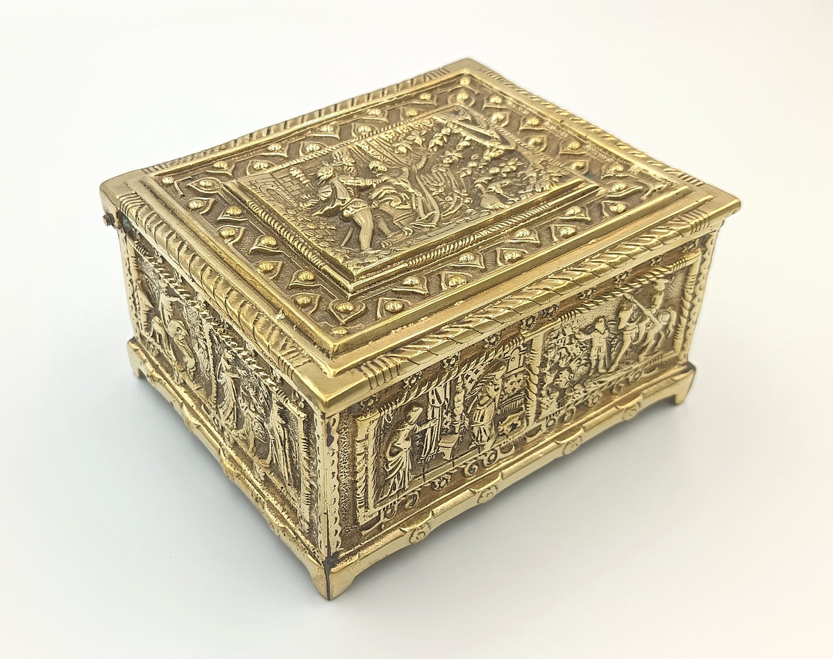 Embossed Brass Jewellery Casket | Medieval Revival Figural Panels | Cedar-Lined Interior | European, Late 19th–Early 20th Century