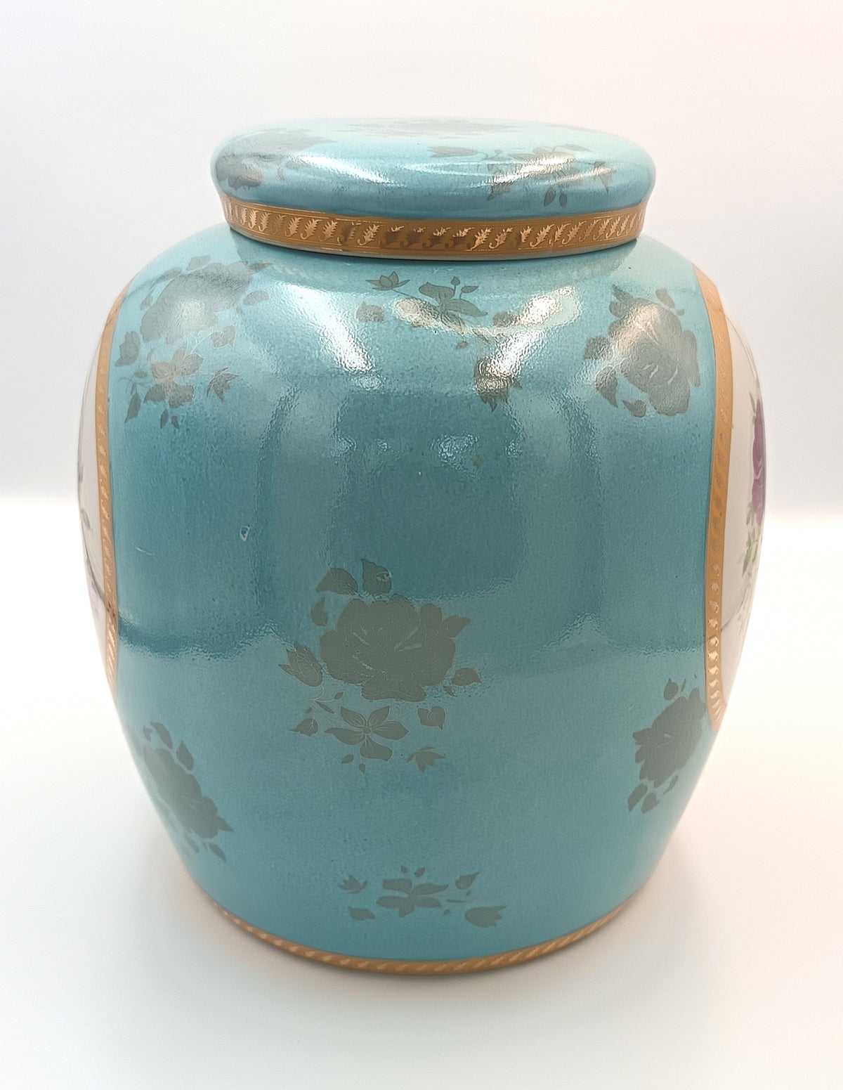 Pair of Lidded Decorative Jars | Turquoise Ground with Silver Lustre and Rose Medallions | European, Mid-to-Late 20th Century