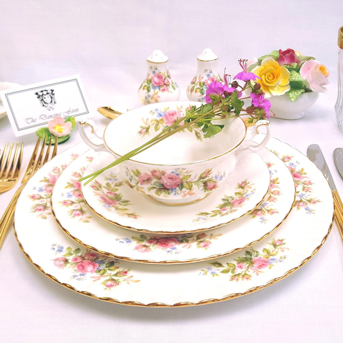 Royal Albert | Moss Rose | 47-Piece Dinner Service | Scalloped Form | Rope-Twist Gilt Edge | All Serving Pieces Intact | Mint Condition