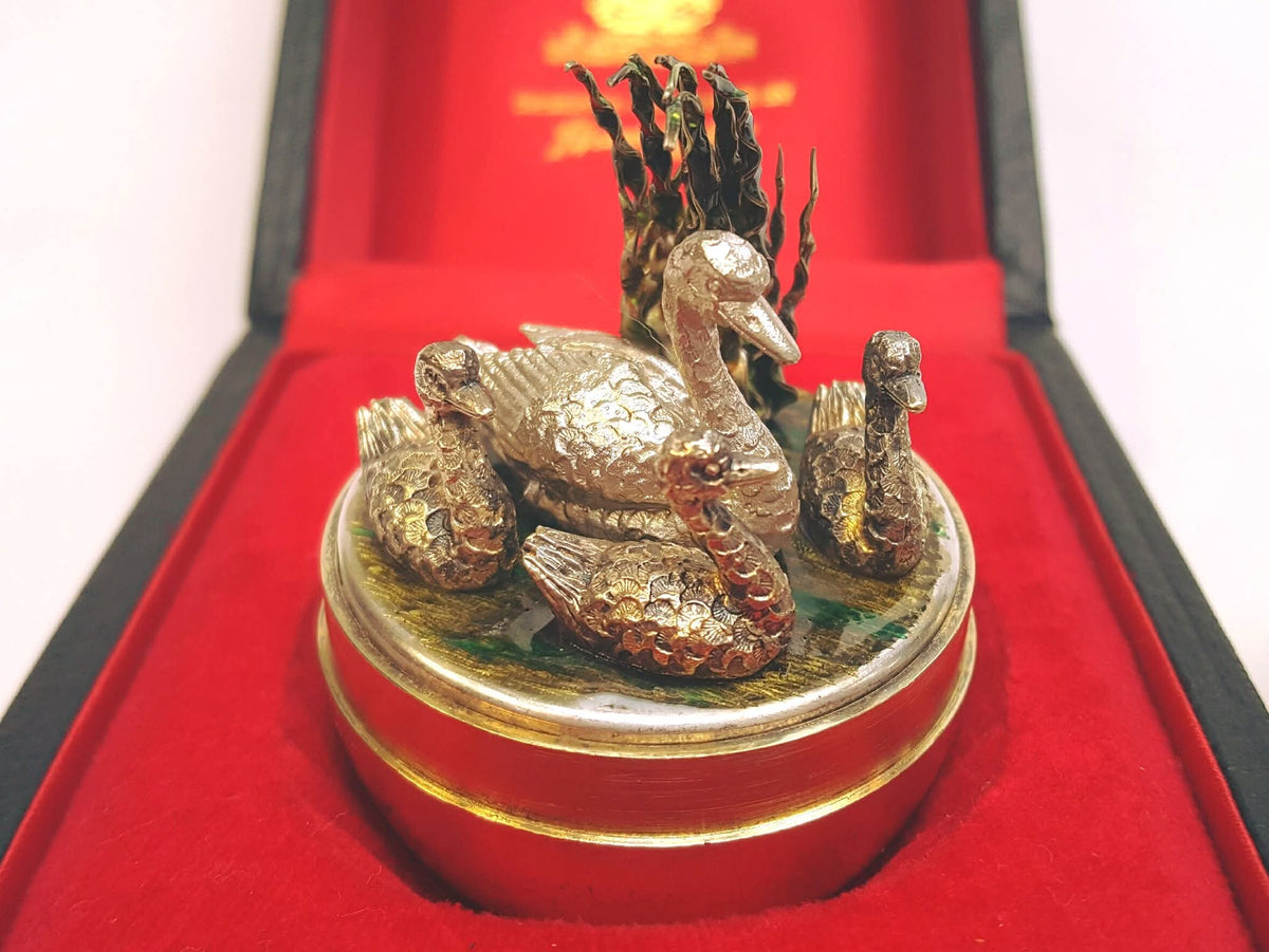 Stuart Devlin | Silver-Gilt 'Surprise' Egg | Mother Swan & Three Cygnets with Green Enamel Foliage | Limited Edition No. 70 | London Hallmarked 1984 | Royal Warrant Presentation Case | Exceptional Collector's Piece