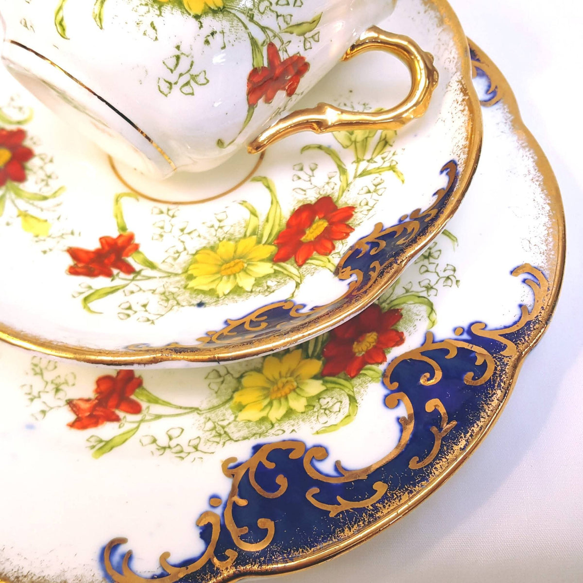 Royal Albert Crown China | 'Gem' Shape | Hand-Painted Cobalt, Gold Scrollwork & Floral Trio | Circa 1905–1907 | Mint Unused Condition