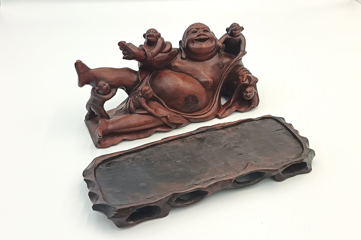 Chinese | Budai with Five Children | Hand-Carved Hardwood Figure Group | On Pierced Display Stand | 20th Century