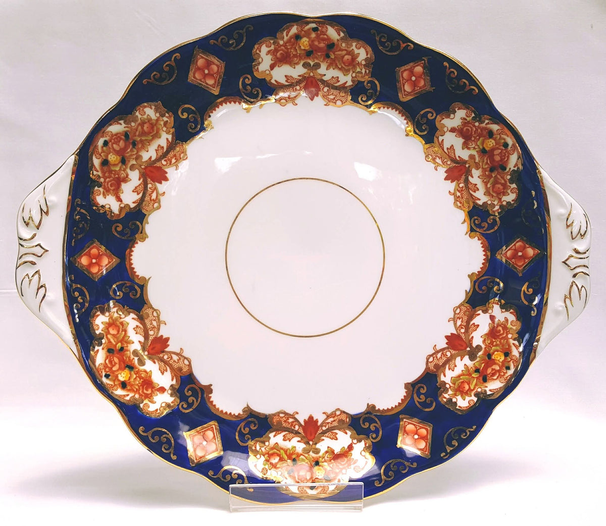Royal Albert 'Heirloom' | Pattern No. 4534 | Large Handled Cake Plate, Large Milk Jug & Large Open Sugar Bowl | Imari-Style Cobalt Blue, Burnt Orange & 22ct Gold | Made in England | Mint Unused Condition