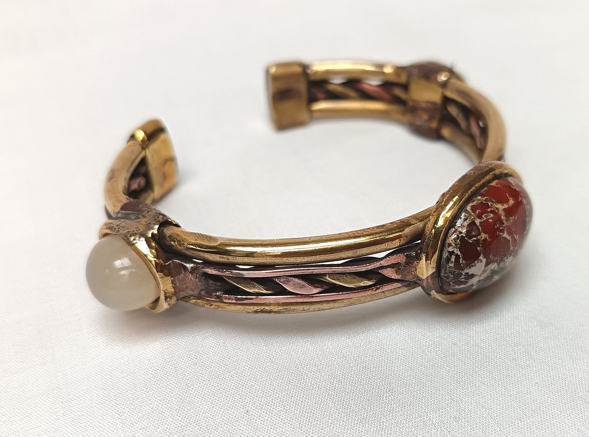 Handcrafted Artisan Solid Copper & Brass Cuff Bangle | Natural Moonstone & Brecciated Jasper Cabochons | One-of-a-Kind | Unisex