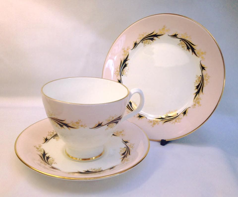 Royal Albert 'High Society' Bone China Trios — Pink Ground with Cobalt & Gilt Foliate Scrollwork, England, c.1950s–1960s — Pair