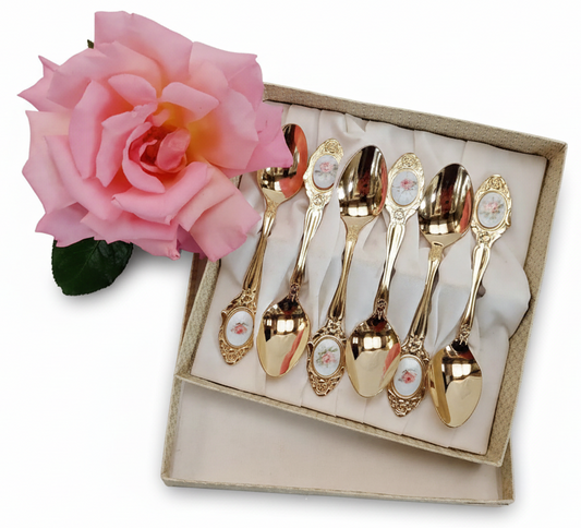 Vintage Eetrite 24-Carat Gold Plated Teaspoon Set — Set of 6, Pink Rose Porcelain Inlay, Original Box