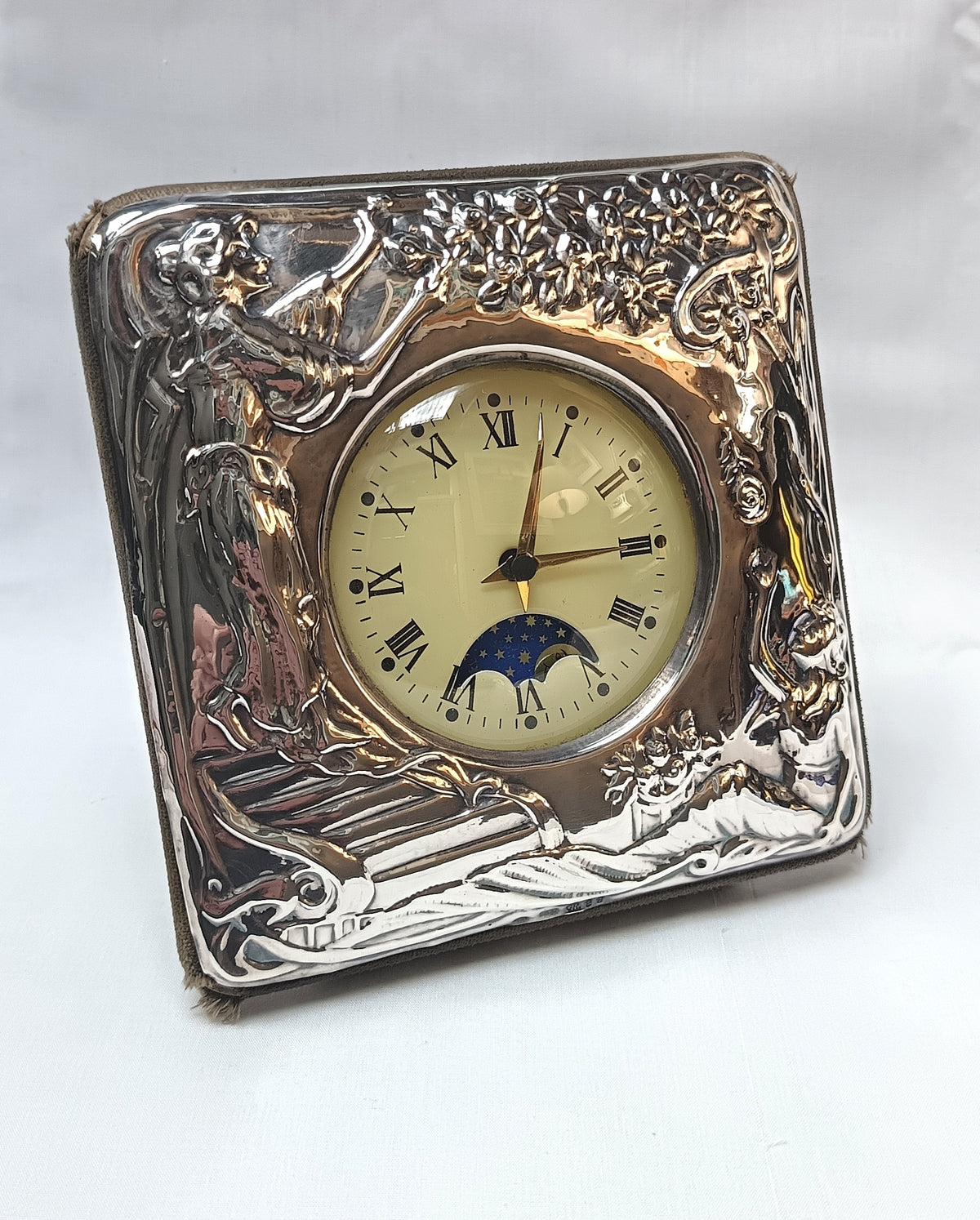 Vintage 925 Sterling Silver Art Nouveau Desk Clock — Repoussé Maiden & Moonphase Dial, Florence Italy