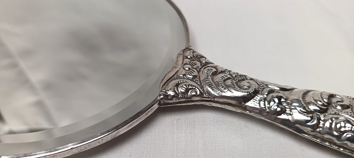 Antique 900 Sterling Silver Turkish Handheld Mirror – Repoussé Floral Scrolls