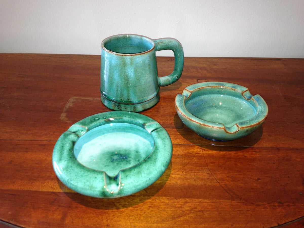 Linnware | Turquoise Flambe Glaze | Mug & Two Ashtrays | Earthenware | South Africa | c.1940s–1950s