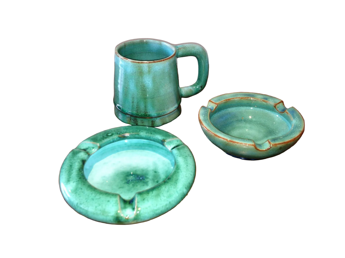 Linnware | Turquoise Flambe Glaze | Mug & Two Ashtrays | Earthenware | South Africa | c.1940s–1950s