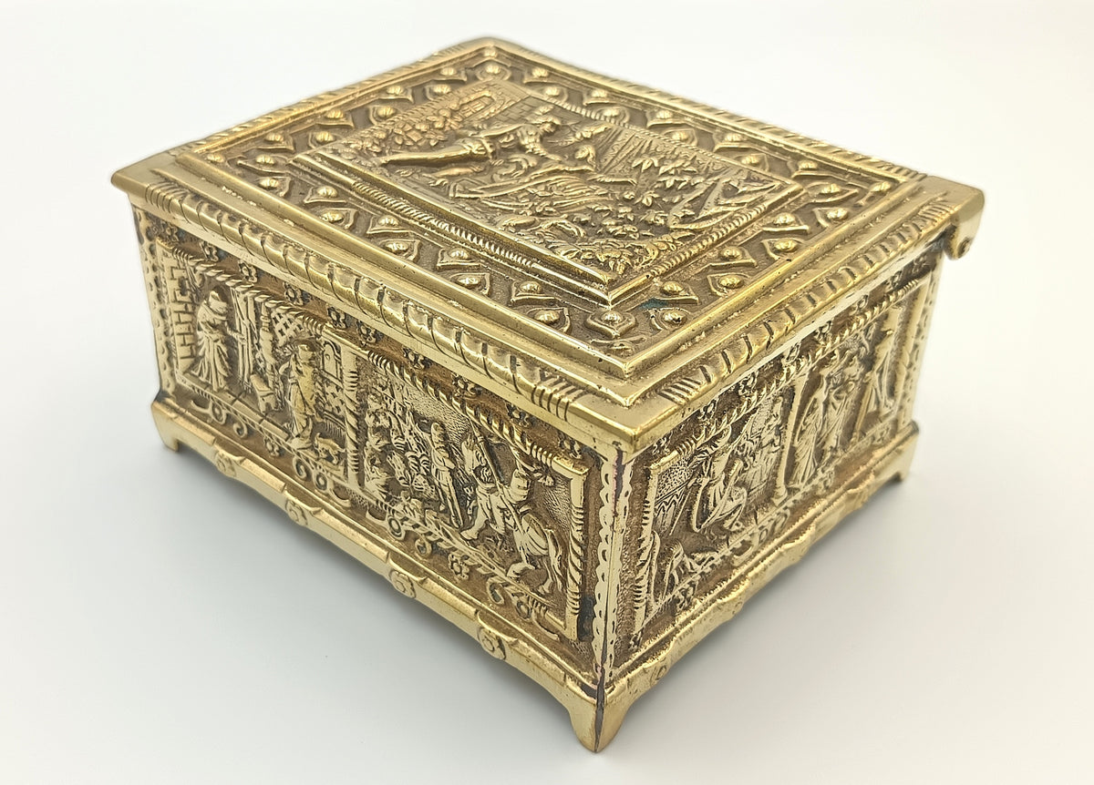 Embossed Brass Jewellery Casket | Medieval Revival Figural Panels | Cedar-Lined Interior | European, Late 19th–Early 20th Century