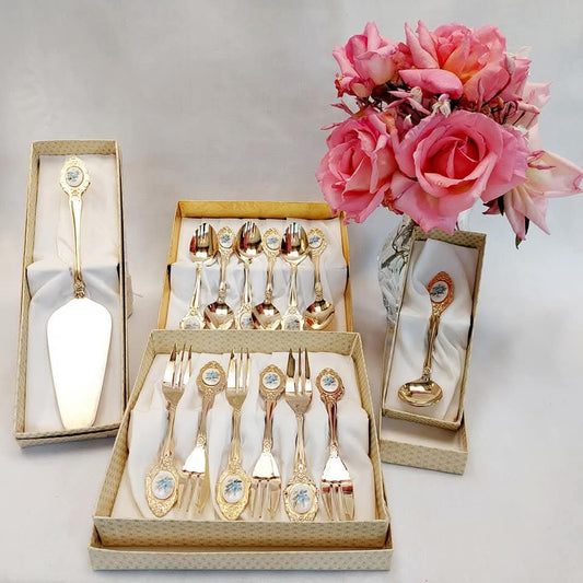 Vintage Eetrite 24-Carat Gold Plated Tea & Cake Service — 14 Piece Set, Blue Rose Porcelain Inlay, Original Boxes