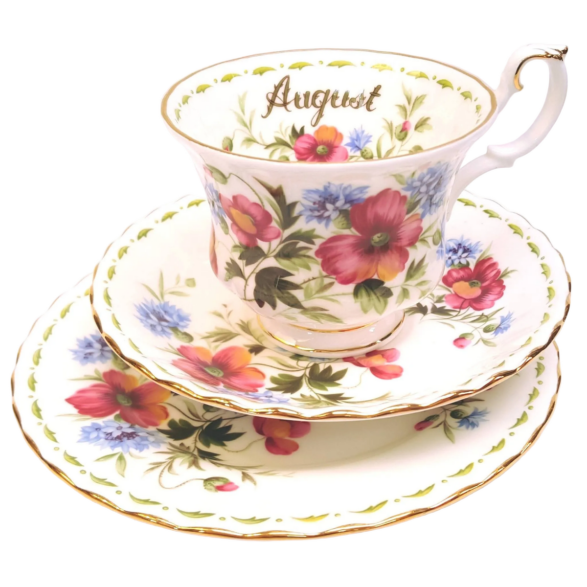 Royal Albert | Flower of the Month Series | August — Poppy | Trio: Cup, Saucer & Side Plate | © 1970 First Production | Bone China | England | Mint Unused Condition