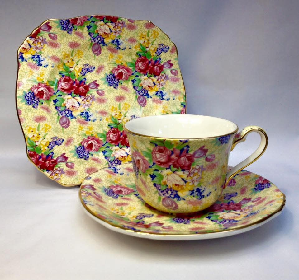 Grimwades Royal Winton 'Welbeck' Chintz Trios — Yellow Ground, 1995 Revival Issue — Pair
