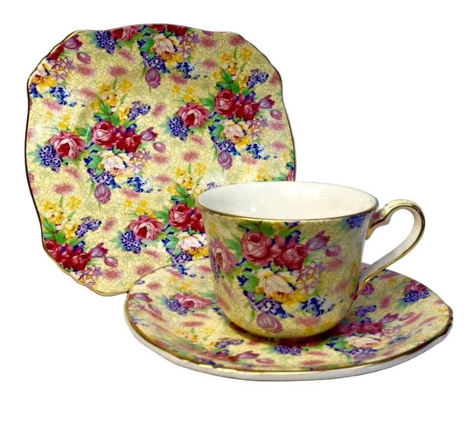 Grimwades Royal Winton 'Welbeck' Chintz Trios — Yellow Ground, 1995 Revival Issue — Pair