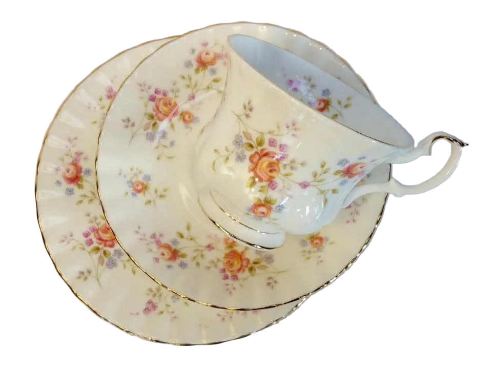 Royal Albert 'Peach Rose' Bone China Trios — Peach Roses & Forget-Me-Nots on Cream, England, © 1982 — Pair
